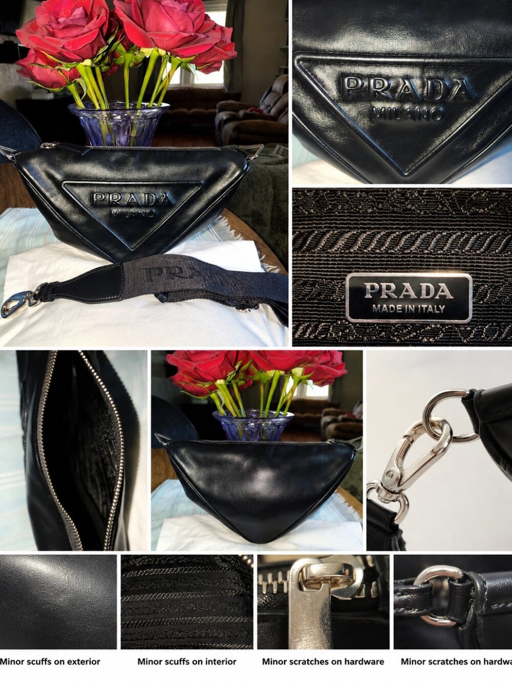 Prada Black Leather Triangle Crossbody Bag. Gently Used.